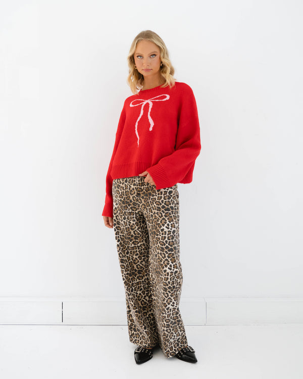 Bow Knit Jumper - Red/Pink